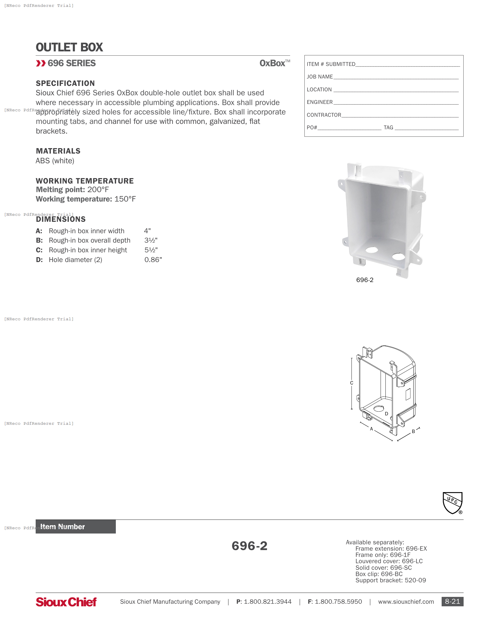 696 SERIES - OXBOX DOUBLE HOLE OUTLET BOX - SPEC SHEET.PDF Specification Document